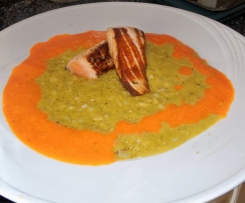 Lachs mit Basilikum-Risotto und Paprikasoße