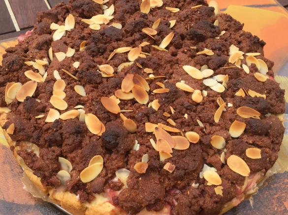 Rhabarber Kuchen mit Vanille Pudding und Kakao Krümeln