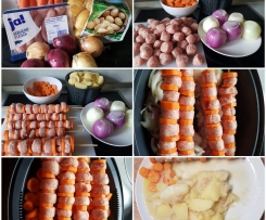 Möhren-Bratwurst-Spieße mit Kartoffeln und Zwiebelsauce aus Best of Thermomix