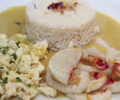 Fenchel-Blütengemüse mit Reis an Curry-Sauce