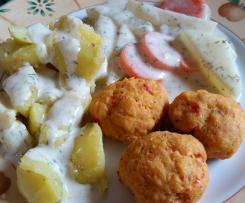 Fischbällchen mit Kartoffeln, Gemüse und Sauce (All in one)