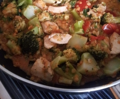 Hähnchencurry mit Linsen und Brokkoli auf Reis