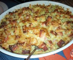 Leberkäseauflauf mit Spätzle und Lauch