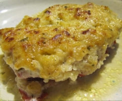 Überbackene Schnitzel mit Zwiebel-Senf-Kruste