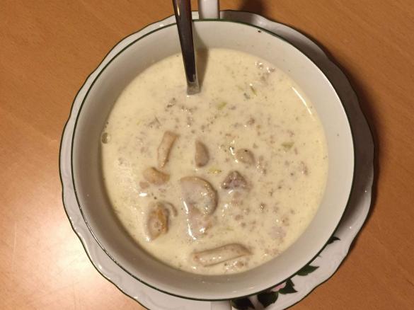 Käsesuppe mit Hackfleisch, Champignons und Lauchzwiebeln
