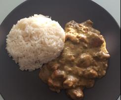 Variation Championgeschnetzeltes mit Reis in Weißwein-Rahmsoße