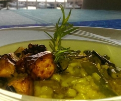 Safran-Risotto mit Pulpo und Spargel