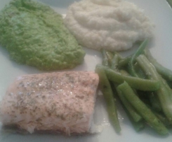 Lachs mit zweierlei Pürree und Kräuterbohnen