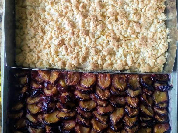 Zwetschgenkuchen und Apfelkuchen auf einem Blech