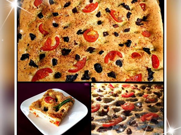 Andrea's Focaccia mit Tomaten Oliven und Kräutern