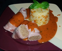 Schinken-Hack-Röllchen mit Möhrenreis (Finesse 05/2009)