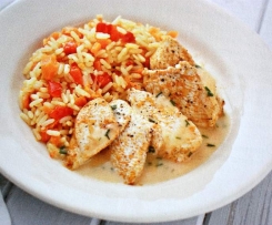 Hähnchen mit Paprika-Möhren-Reis & Sauce