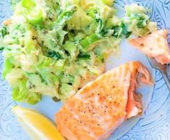 Leichter Kartoffel-Porree-Stampf mit Lachs