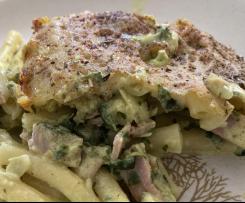 Nudelauflauf mit Schinken (oder Lachs) und Spinat