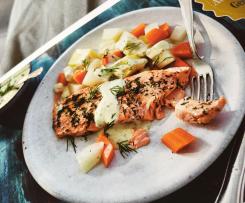 Lachs mit Dill-Senf-Sauce und Gemüse