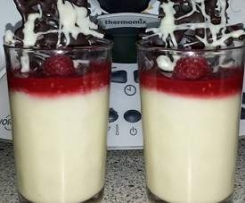 Weißer Milkapudding mit Hinbeeren und Schokogitter