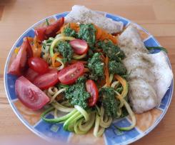 Zander, Gemüsenudeln und Pesto