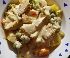 Hähnchenfleisch mit Erdnusssauce zu Kartoffeln und Broccoli-Möhren-Gemüse