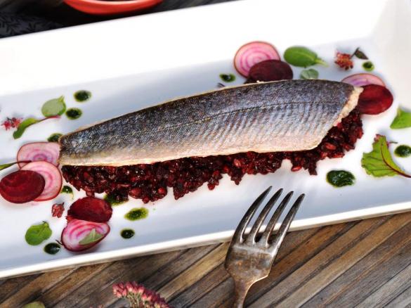 Saibling mit Rote Bete-Bulgur und Feldsalat-Meerrettich-Dipp