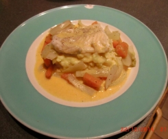 Dorschfilet auf Kartoffel-Chinakohl-Stampf mit Gemüse