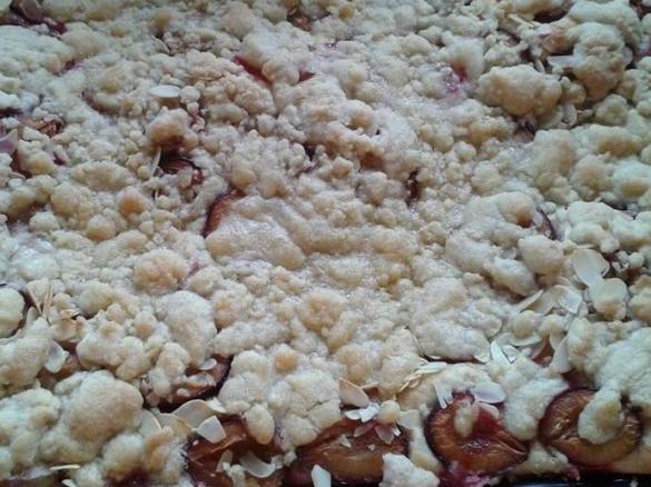 Variation von Aachener Streuselbrötchen als Blechkuchen mit Zwetschgen