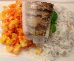 Zander auf Möhren-Mango-Confit mit Kokosschaum