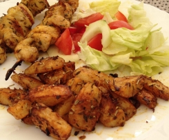 Kartoffelecken mit Hähnchenspieße