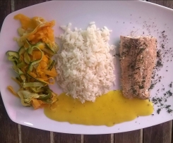 Lachs mit Mangosauce, Reis und Gemüse(all-in-one)