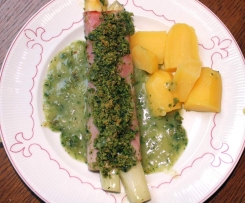  Spargel mit Schinken und Kräuterkruste dazu Kartoffeln