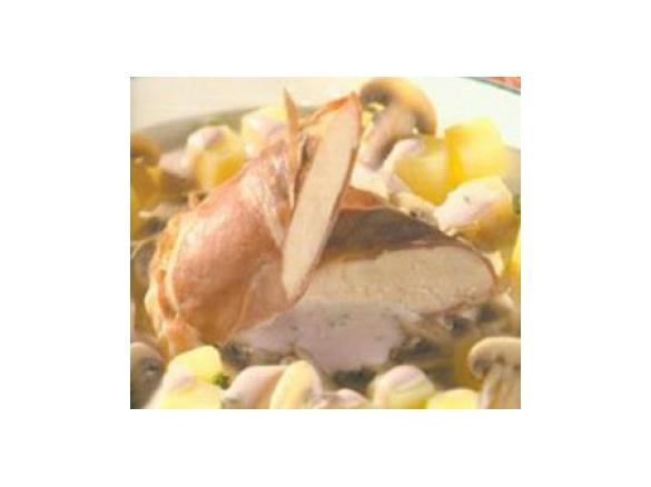Hähnchenbrust in Schinkenhülle auf Weißweinpilzen