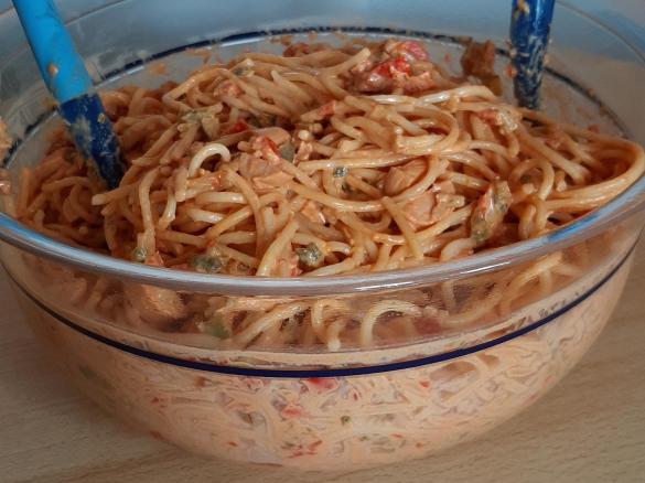 Spaghettisalat Omas Rezept, auch vegetarisch möglich