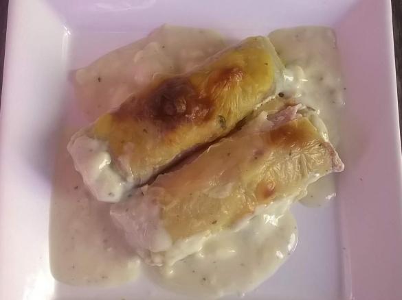 Überbackene Lauch-Schinken-Käse-Rollen