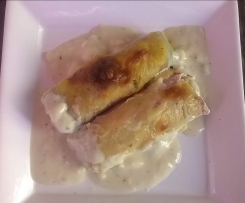Überbackene Lauch-Schinken-Käse-Rollen