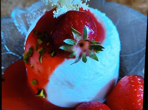 Holunder Joghurtmousse mit Erdbeersauce