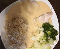 Puten- / Hähnchenschnitzel auf Gemüse und Reis mit heller (Weißwein) Soße