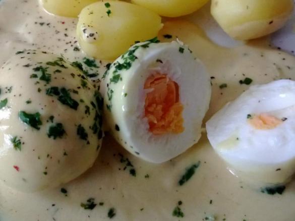Senfeier in Kräutersauce mit Kartoffeln
