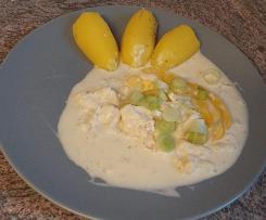 Pangasiuswürfel in Senf - Schmand - Sosse mit Kartoffeln