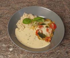Pestoschnitzel - Tomaten - Mozzarella mit Reis