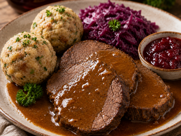 Sauerbraten mit Semmelknödel und Rotkraut