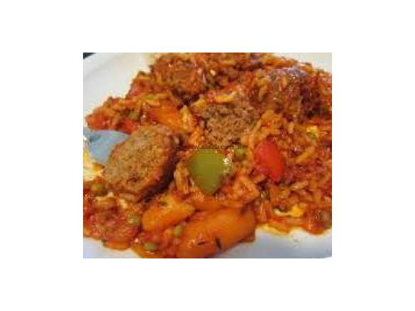 Italienische Hackbällchen mit Tomatensoße, Gemüse und Reis als All-in-One; Nr. 2, da Nr. 1 nicht lesbar 