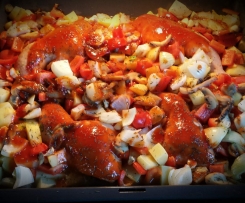 BBQ Hähnchenschenkel  mit Kartoffeln und Gemüse