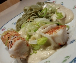 Kabeljau mit Senfsoße und Bandnudeln