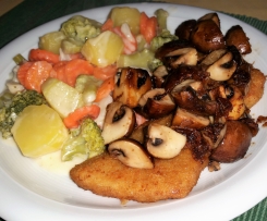 Gemüse mit heller Soße, Kartoffeln, Schnitzel und Champignons