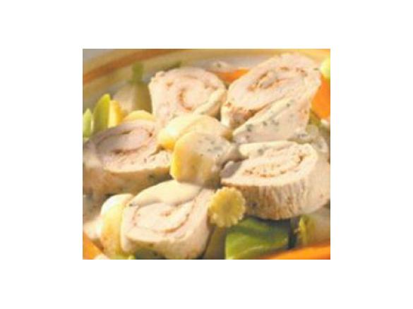 Putenbruströllchen mit Kräuter-Béchamelsauce