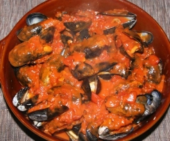 Variation von Miesmuscheln in Tomaten Weißweinsoße