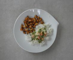 Geschnetzeltes (Hähnchenbrust) mit Reis und Möhren-Erbsen-Gemüse