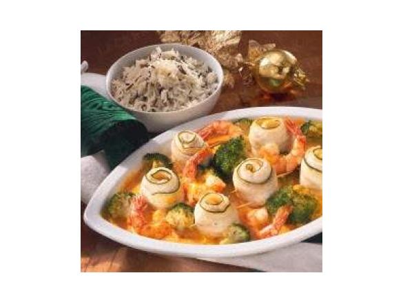 Seezungen Rollen mit Kräutersoße, Broccoli und Reis