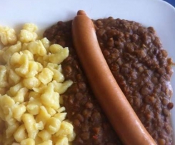 Linsen mit Spätzle (mit Balsamico und Chili) und Saitenwürstle