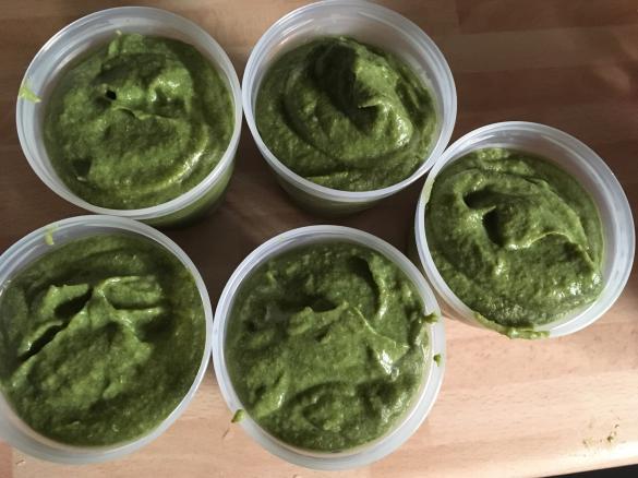 Variation Spinat-Möhren-Wurzelpetersilien-Brei mit Hähnchen