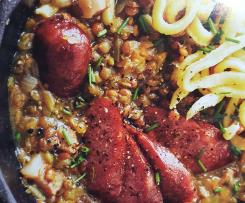 Linseneintopf mit Cabanossi und Spätzle